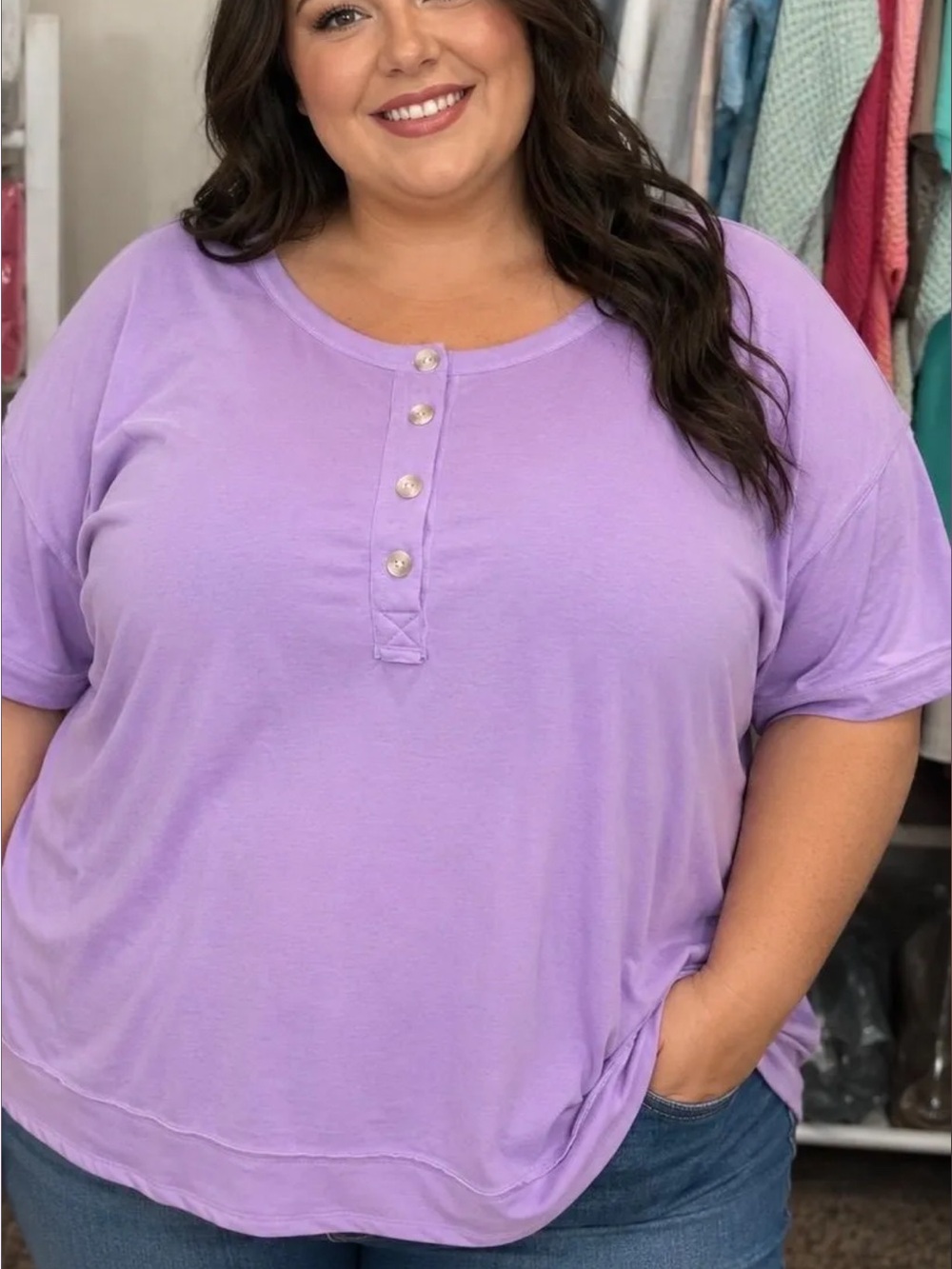 Plus Size Lavender Henley Button-Front Top by Andre by Unit